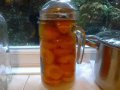 Słoik z morelami, gotowy na nalewkę z moreli. Obok stoi garnek.