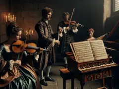 Músicos de época interpretan música en un clavecín y violines, evocando la atmósfera de los compositores del barroco.