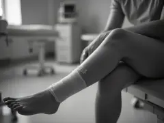 Noga z opatrunkiem na kostce i stopie, w tle gabinet lekarski.