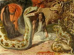 A young woman sits between a giant serpent and a wolf, a scene from Norse mythology depicting Loki's children.