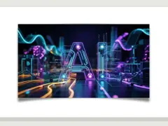 Letras "IA" brillantes y futuristas conectadas por circuitos y cables, en un entorno oscuro con luces de neón.