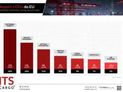 Wykres słupkowy pokazuje import z Chin do UE: elektronika (150 mld USD, 30%), maszyny (110 mld USD, 20%), artykuły konsumenckie (80 mld USD, 15%), tekstylia (50 mld USD, 10%), chemia (40 mld USD, 8%), motoryzacja (35 mld USD, 7%), OZE (20 mld USD, 4%).