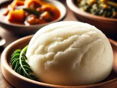 Puszyste ugali w drewnianej misce, ozdobione zielonym listkiem. Obok miski z gulaszem i warzywami. Idealny przepis na ugali.