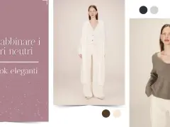 Look eleganti con colori neutri. Modella indossa un completo bianco e un maglione grigio, entrambi con colori desaturati.