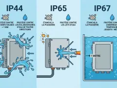 Illustration comparant les indices de protection IP44, IP65 et IP67. Idéal pour une salle de bain, l'IP67 protège contre l'immersion temporaire jusqu'à 1 mètre.