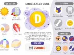 Infografik zu Vitamin D3: Quellen, positive Effekte, Bedarf und Mangelsymptome.