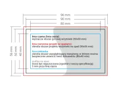 Schemat wizytówki z wymiarami: linia czarna (90x50 mm) to gotowy produkt, czerwona (96x56 mm) to spady, a niebieska (80x40 mm) to bezpieczny obszar tekstu.