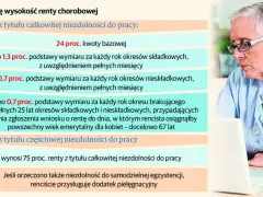 Obliczenia renty z tytułu niezdolności do pracy. Starsza kobieta z okularami patrzy na ekran laptopa, analizując informacje o świadczeniach.