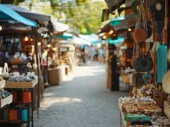 Targ w Budapeszcie, gdzie kupić pamiątki: kolorowe stoiska z torebkami, biżuterią i kapeluszami.