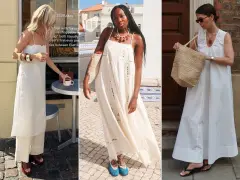 Tre donne con abiti bianchi leggeri. Idee su quale abito in pizzo che scarpe abbinare: sandali bassi, espadrillas o infradito.