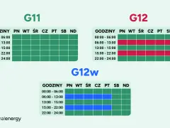 Taryfy G11, G12, G12w pokazują, ile kosztuje 1 kWh PGE w zależności od dnia i godziny. Zielone pola oznaczają niższe ceny.