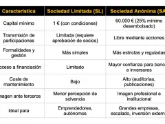 Tabla comparativa: Sociedad Anónima (SA) requiere 60.000€ de capital mínimo, frente a 1€ de la SL. La SA ofrece mayor confianza para inversores.