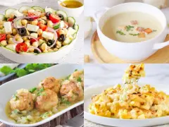 Cuatro platos de comida: ensalada de garbanzos, sopa cremosa, albóndigas y macarrones con queso.