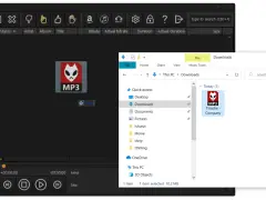 Odtwarzacz muzyki pokazuje plik MP3. W oknie "Downloads" widać plik "Tinashe - Company", a w nagłówku kolumn odtwarzacza jest "Bitrate co to".