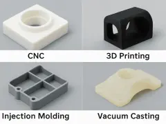 Four manufacturing methods: CNC (subtractive manufacturing), 3D Printing, Injection Molding, and Vacuum Casting, each showcasing a different prototype part.