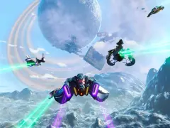 Naves espaciales combaten en un planeta alienígena, con un planeta anillado al fondo. ¡Ideal para quienes buscan los no man's sky requisitos!