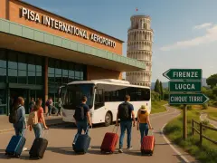 Grupa turystów z walizkami wychodzi z lotniska w Pizie, obok Krzywej Wieży. Kierunkowskazy wskazują Florencję, Lukkę i Cinque Terre.