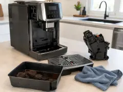 Czyszczenie ekspresu DeLonghi. W tacce resztki kawy, obok wyjęty moduł zaparzający i tacka ociekowa. Czas na świeżą, nie wodnistą kawę.