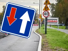 Znak D5 informuje o ruchu jednokierunkowym, ale tu strzałka w dół sugeruje objazd.