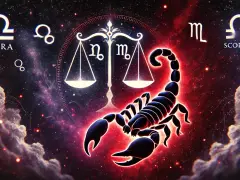 Skorpion i Waga: zodiakalny skorpion na tle kosmosu z wagą, symbolizującą ich związek.