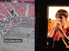 Koncert Red Hot Chili Peppers w Warszawie. Tłum na płycie stadionu, Anthony Kiedis na telebimie.
