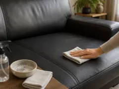 Nettoyer simili cuir bicarbonate : une main essuie un canapé noir avec un chiffon. Un spray et un bol de mousse sont à proximité.