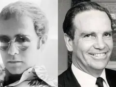 Links: junger Elton John mit Herzbrille. Rechts: Reginald Dwight, Elton Johns echter Name, in Anzug.