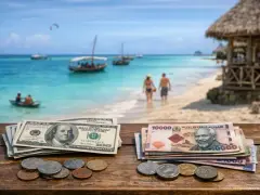 Dolar i szylingi tanzańskie na stole, w tle rajska plaża z łodziami i parą spacerującą po wodzie. Waluta na Zanzibarze.