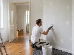 Mann spachtelt Wandlöcher, um den Mietvertrag bei Auszug zu erfüllen. Leiter und Farbeimer stehen bereit.