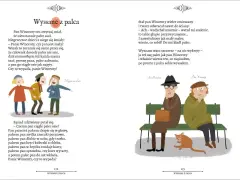 Ilustracja do wiersza "Wysssane z palca". Dzieci śmieją się z pana, który ssie palec. Na drugiej stronie pan Wincenty i pan Brzechwa siedzą na ławce z kotem.