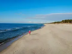 Samotna postać w różowym płaszczu spaceruje po piaszczystej plaży. W tle błękitne morze i sosnowy las, tworzące malowniczy krajobraz mierzei wiślanej.