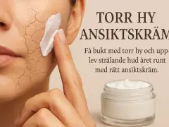 En hand applicerar ansiktskräm på torr, sprucken hy. Texten "Torr hy ansiktskräm" och "Få bukt med torr hy och upplev strålande hud året runt med rätt ansiktskräm" antyder hur man blir vacker.