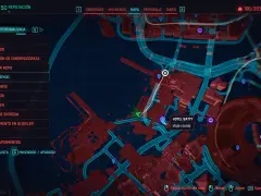 Mapa de Night City con el menú de "Viaje Rápido" abierto, listo para desbloquear trofeos de Cyberpunk 2077.