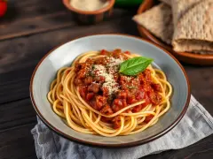 Pyszne spaghetti bolognese, przygotowane według oryginalnego przepisu, z bogatym sosem mięsnym i listkiem bazylii.
