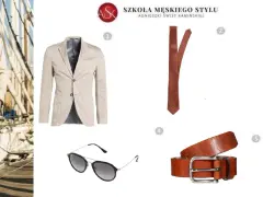 Eleganckie stylizacje z białymi spodniami: beżowa marynarka, brązowy krawat, pasek i okulary tworzą letni look.