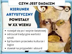 Dadaizm co to? Kierunek artystyczny XX wieku, bunt przeciw logice, stawiał na przypadek i absurd. Obraz przedstawia surrealistyczną twarz z guzikami i lunetą.