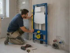 Instalator sprawdza pion przedścianki podtynkowej do WC.