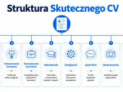 Schemat struktury CV: dane kontaktowe, podsumowanie zawodowe, doświadczenie, wykształcenie, umiejętności, języki, zainteresowania, klauzula RODO. Idealny cv wzór.