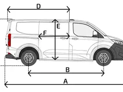 Schematyczny rysunek Forda Transita Custom z wymiarami: A, B, C, D, E, F. Idealny do planowania przestrzeni ładunkowej.