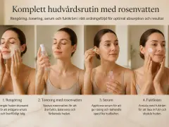 Kvinnor utför en hudvårdsrutin: rengöring, applicering av rosenvatten, serum och fuktkräm.
