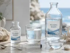 Bouteilles et verre de Plasma Marin, évoquant les bienfaits de l'eau de Quinton. Une seringue et une cuillère suggèrent une utilisation thérapeutique.