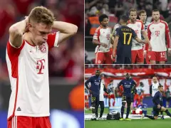 Jugadores de Madrid y Bayern en el campo. Un jugador del Bayern se lleva las manos a la cabeza.