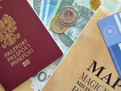Polski paszport, banknoty i monety złotowe, karta EKUZ, gotowe na podróż do Włoch.