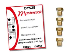 Dysze Mastercook do kuchenki gazowej na czysty propan-butan. Zestaw zawiera dysze do dużego, średnich i małego palnika.