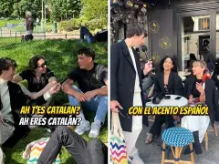 Dos escenas: jóvenes en un parque y en una terraza. Se pregunta cómo son los franceses, con acento español.