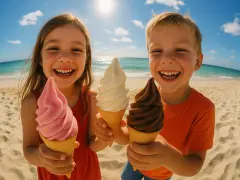 Zwei glückliche Kinder am Strand mit Eis. Der süße Geschmack von Glucose Zucker auf der Zunge.