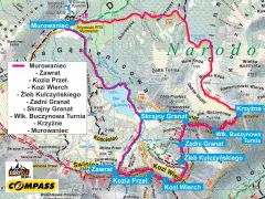 Mapa Tatr z zaznaczoną trasą turystyczną, w tym przełęcz na skraju Orlej Perci, prowadzącą przez Kozi Wierch i Zadni Granat.