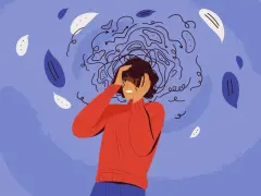 Una persona con le mani tra i capelli, circondata da pensieri caotici, simboleggia l'insoddisfazione lavorativa e la depressione.