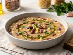 En skål med värmande pasta e fagioli, garnerad med olivolja och persilja, bredvid en skiva rustikt bröd.