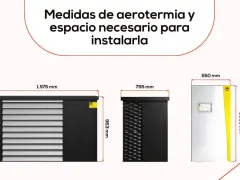 Medidas de aerotermia y espacio necesario para instalarla. Se muestran tres unidades con sus dimensiones: 1.575x963 mm, 795 mm y 550x1.005 mm.